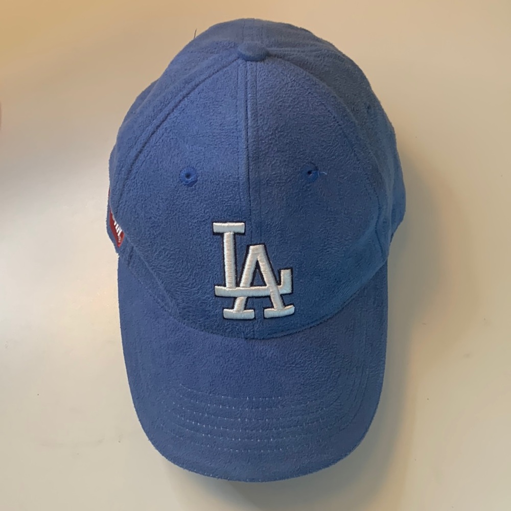 Los Angeles Dodgers light blue sueded baseball cap with Farmer John patch